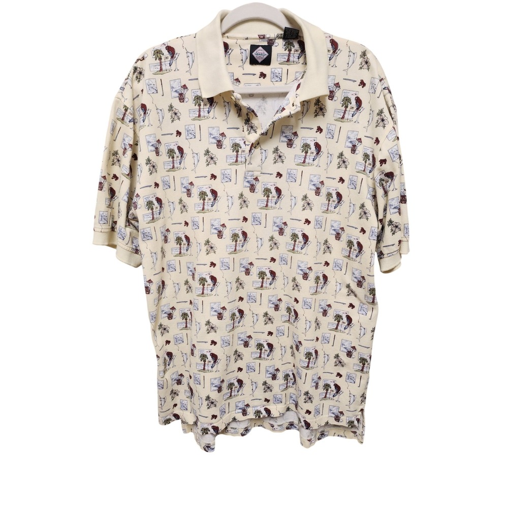 Tabasco Sportswear Mens XL Polo Shirt Cream Tropical‎ Golf Parrot Marlin Cotton